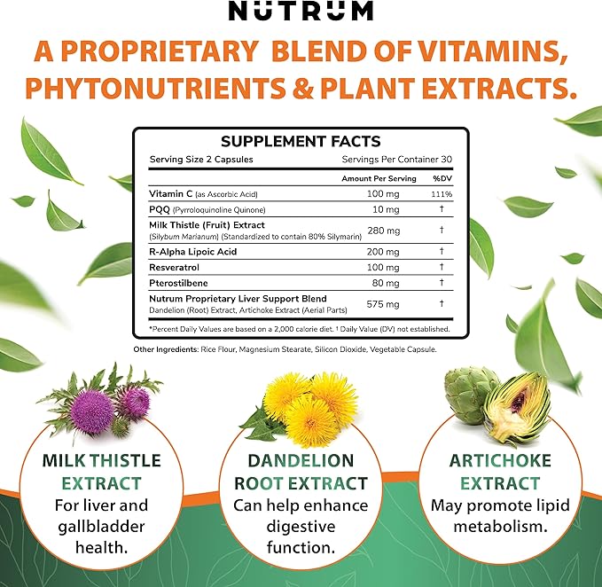 Liver Cleanse and Detox Health Support Supplement by Nutrum, Vegan Liver Formula, Natural Herbal Liver Renewal with Vitamin C, Milk Thistle, Support for Bad Breath, Acne, Low Energy, 60 Capsules