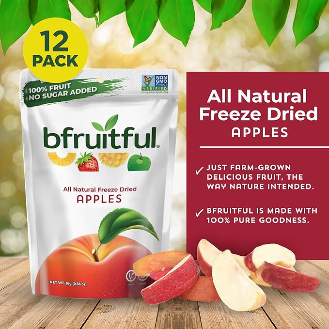 bfruitful Freeze-Dried Apple, Freeze Dried Fresh Fruit Bites, Gluten Free, Vegan, Dairy Free, Kosher, No Sugar Added, Non GMO, Healthy Snacks for Kids or Adults, 0.56 oz Single-Serve Snack Packets, 12 Pack