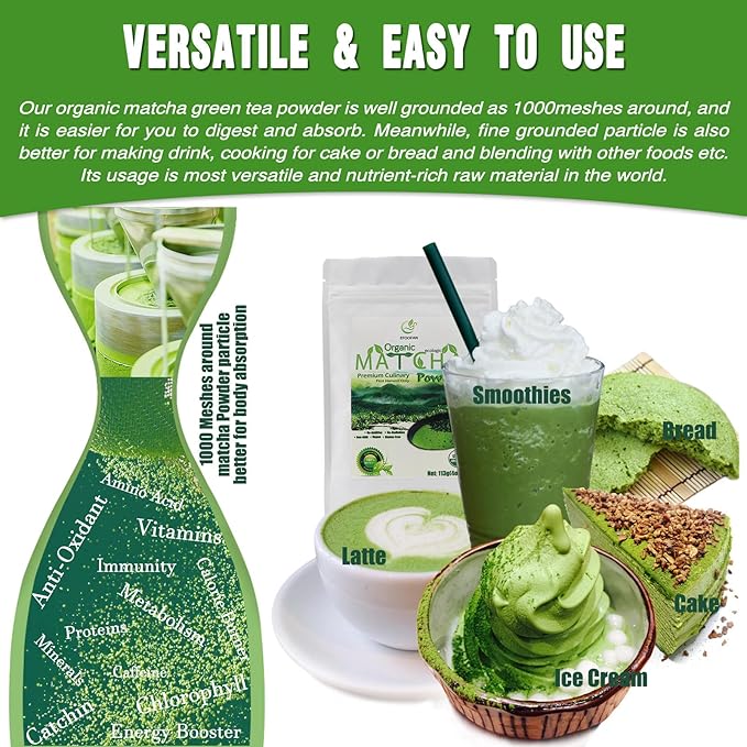 EFOOFAN Organic Matcha Green Tea Powder, Premium Culinary Grade(4oz), Japanese Tencha Tea Flavor, First Harvest, Te Macha Organico for Latte, Baking, Smoothie