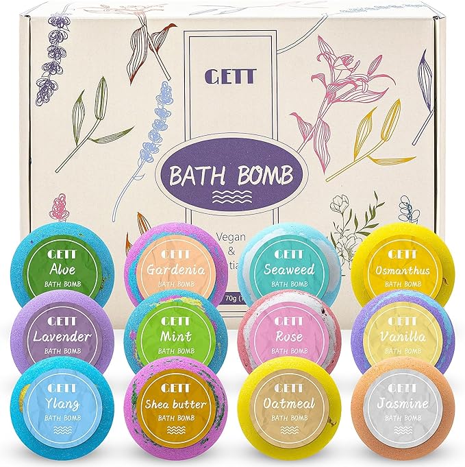 GETT Bath Bombs Gift Set,12pcs Individually Wrapped Natural & Moisturizing Bath Bombs for Women,Men & Kids, Relaxing Bubble Bath, Handmade Birthday Gift for Wife & Mom, Luxury Organic Bath Essentials