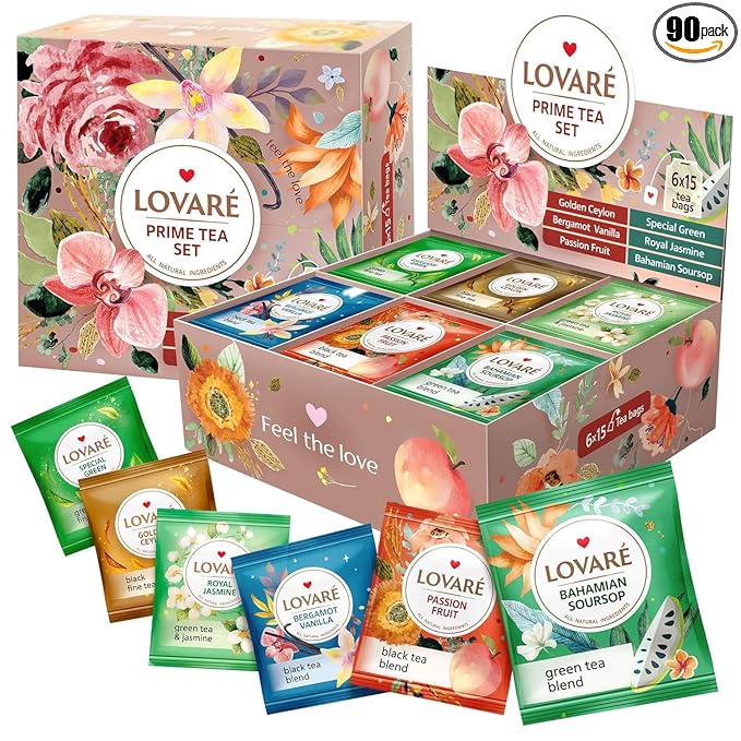Lovare Black and Green Tea Bags Variety Pack - Made in Ukraine Tea Sampler - Individually Wrapped 90 Assorted Tea Bags - Gift Box For Tea Lovers (PRIME TEA SET)