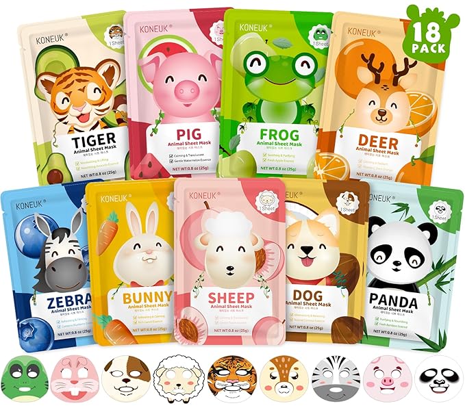 18 Pack Animal Face Mask for Kids, Bulk Sheet Face Masks Skincare for Girls, Collagen Hydrating Face Mask Spa Party Gifts for Teens, Christmas Gifts, Stocking Stuffers for Women