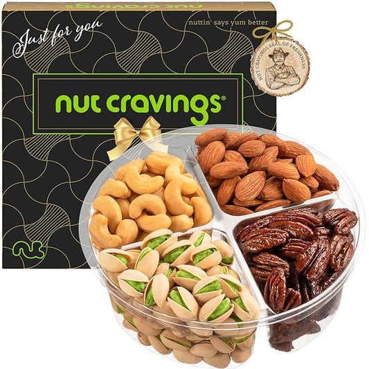 NUT CRAVINGS - Diwali Sweets Hamper Mixed Nuts Gift Basket in Black Gold Box (4 Assortments) Food Arrangement, Healthy Snack Care Package, Food Assortments