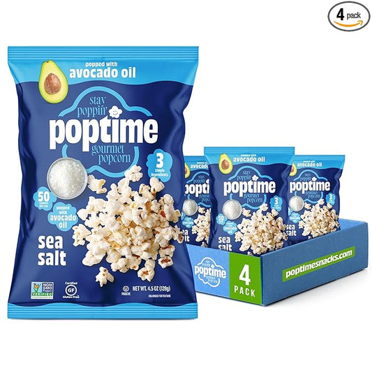 Poptime Gourmet Popcorn Snack Bags – Sea Salt Popcorn Bags, Healthy Snack Popped With Heart-Healthy Avocado Oil, Crunchy, Gluten Free, Vegan, Low Calorie, Kosher, Non-GMO - 4.5 oz - Pack 4