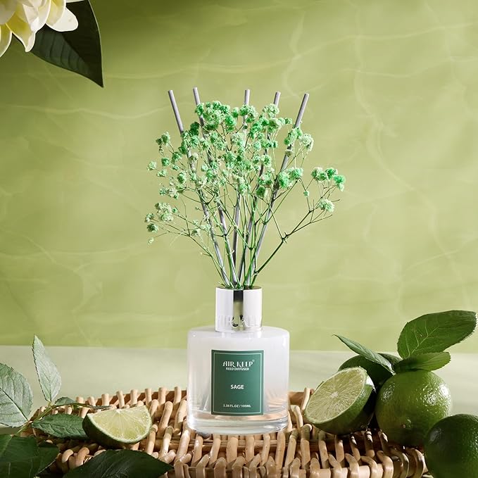 Airkeep Reed Diffuser Set, 3.38 fl oz (100 ml) - Sage Lemon Oil Diffusers with 8 Reed Sticks, Home Fragrance Reed Diffuser for Bathroom Shelf Decor