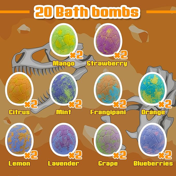 Bath Bombs for Kids with Surprise Toys Inside - 20 Dinosaur Bath Bombs Easter Eggs Gifts, Bubble Bath Fizzers, Kids Bubble Bath with 24pcs Dinosaur Puzzles and 2pcs Car, Boys Easter Basket Stuffers