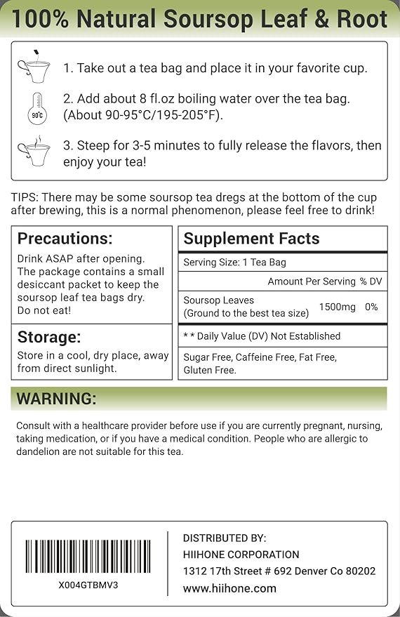 Soursop Leaf Herbal Tea (Graviola) - Caffeine & Sugar Free, 120 Count