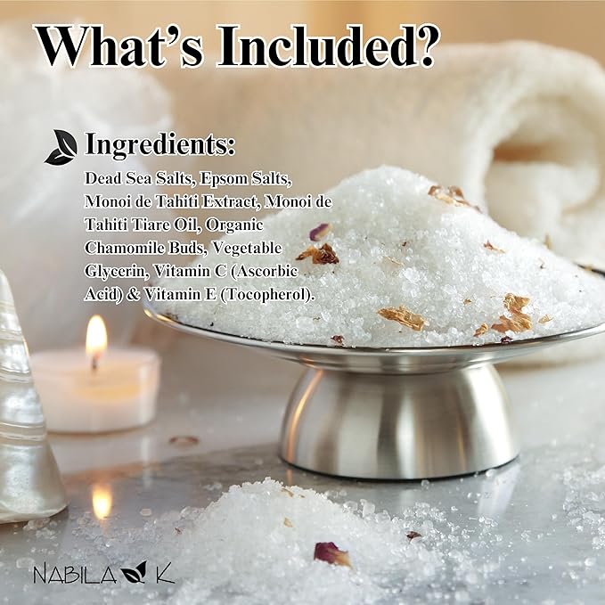 Polynesian Monoi Bath Salts by Nabila K - Dead Sea Salt & Epsom Salt Scrub & Soak - Exfoliates & Hydrates Skin, Botanical Essential Oils - Bubble Bath Accessories for All Skins Types, 8 oz