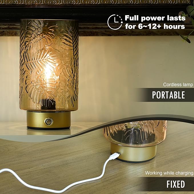 Cordless Lamps Rechargeable Battery Operated lamp,Glass Table Lamp Remote Control-Dimmable Brightness Touch Wireless Bedside Lamp for New Home Gift/Bedroom/Kitchen/Living Room Decor Amber