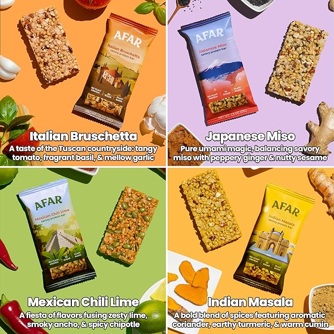 Afar Savory Protein Bars – Low Sugar, High Protein – Healthy Snacks for Adults – Meal Replacement Bar – Rice Crispy Texture – Vegan, Gluten Free (8 Bars, Variety Pack)