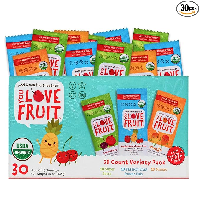 YOU LOVE FRUIT - Fruit Snacks Variety Pack 30 count, 100% Natural Gluten-Free, Vegan, Low Carb, Low Fat Fruit Kosher Snacks for Kids, College Students, Teachers and Offices, Healthy Fruit Snacks (passion fruit, super berry, mango)