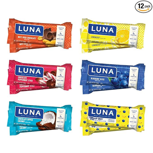 LUNA Bar - Variety Pack - 6 Flavors - Snack Bars - Non-GMO - Gluten-Free Protein Bars - Made with Organic Oats (12 Pack)