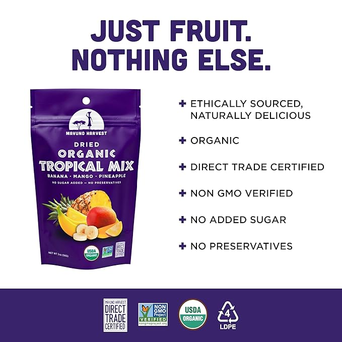 Mavuno Harvest Tropical Mix Dried Fruit Snack | Unsweetened Organic Mixed Dried Fruit | Gluten Free Healthy Snacks for Kids and Adults | No Sugar Added, Vegan, Non GMO | 2 Ounce, Pack of 3