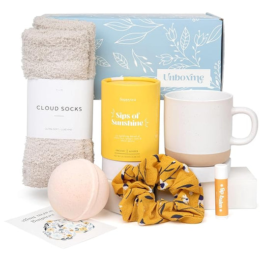 Unboxme Sunshine Gift For Women | Self Care Package with organic herbal tea, fluffy cloud socks, ceramic mug, citrus bath bomb , beeswax lip balm, a fun floral scrunchie + a sending hugs card