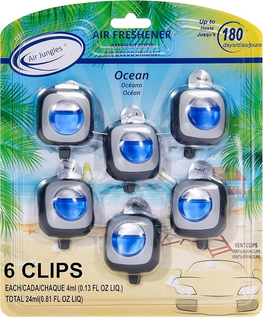 Air Jungles Ocean Scent Car Air Freshener Clip, 6 Vent Clips, 4ml Each, Long Lasting Air Freshener, Up to 180 Days Car Refresher Odor Eliminator