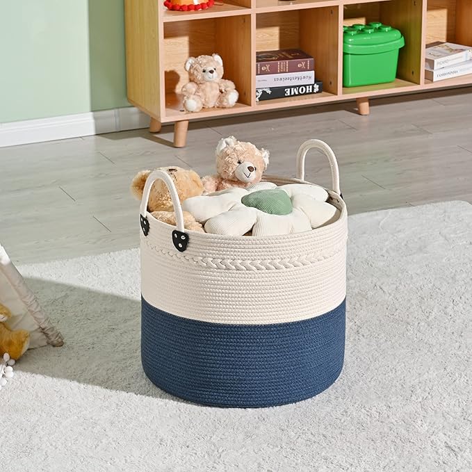 KAKAMAY Large Blanket Basket (18"x18"x16"),Woven Baby Laundry Hamper for Storage, Cotton Rope Blankets Baskets for Nursery, Laundry, Living Room, Pillows, Baby Toy chest with Handles (Navyblue)