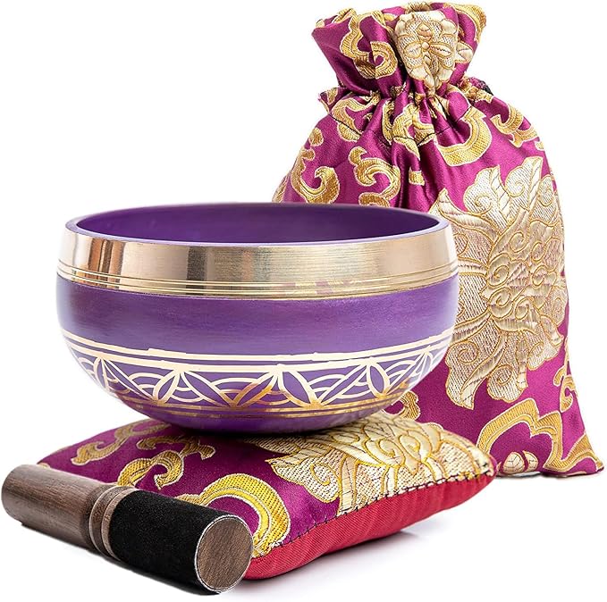 Tibetan Singing Bowl Set - Authentic Handcrafted Mindfulness Meditation Holistic Sound 7 Chakra Healing Gift by Himalayan Bazaar (Purple-Magenta)