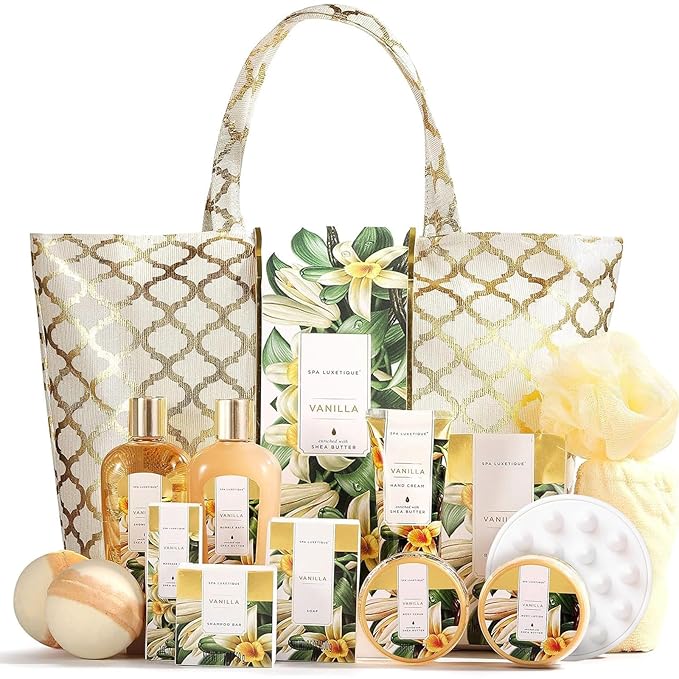 Spa Luxetique Gift Baskets for Women,15 Pcs Vanilla Spa Gifts for Women, Women's Gifts with Bubble Bath, Bath Salt, Bath Bombs, Christmas Spa Baskets