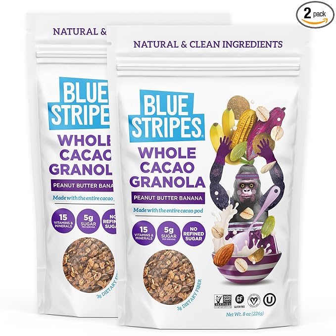 Blue Stripes Whole Cacao Granola - Gluten Free Dark Chocolate Granola for Cereal, Oatmeal, Yogurt, 5g Protein Per Serving, Source of Fiber, Vegan, Low Sugar - Peanut Butter Banana, 8 oz (2 Pack)