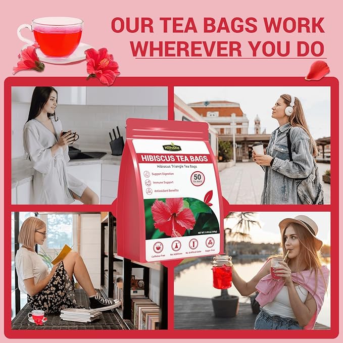 Hibiscus Tea Bags, Hibiscus Flower Herbal Tea - Caffeine & Sugar Free, 50 Teabags