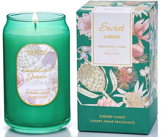 M&SENSE Sandalwood Jasmine Candles for Home Scented, 10.6 Oz Soy Wax Candles Non Toxic Jar Candle Up to 60 Hours Long Burning Home Fragrance Gift for Stress Relief, Meditation, Yoga