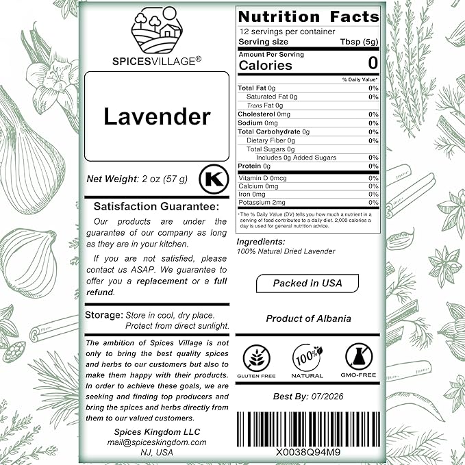 SPICES VILLAGE Lavender, Dried Lavender Buds, 2 oz, Herbal Tea, Potpourri, Wedding Confetti, Pillow - Kosher, Gluten Free, Vegan, Non GMO, Resealable Bulk Bag