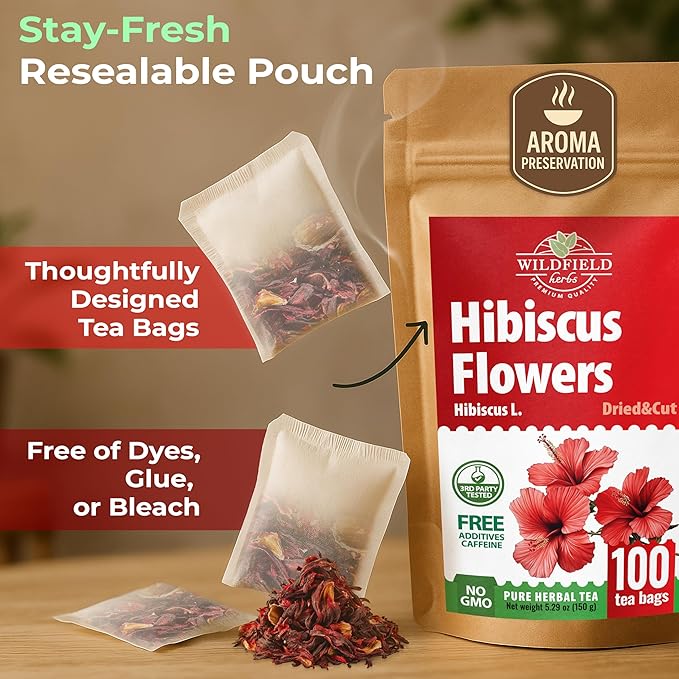 100 Bags Dried Hibiscus Flower Tea Herbal Flor De Jamaica (Hibiscus) - 100 Count 1.5g Tea Bags Dry Dried Flowers Herb Hibisko