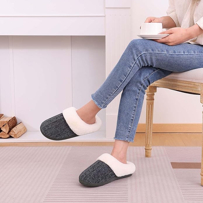 Evshine Warm Knit House Slippers for Women Comfy Wool-Like Lined Chenille Slippers with Memory Foam and Indoor Outdoor Soles