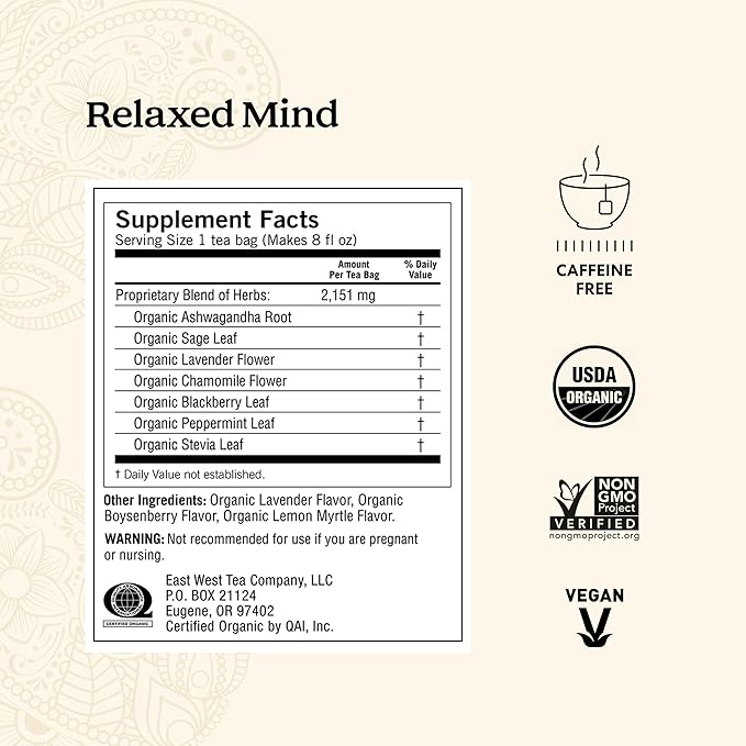 Yogi Tea - Relaxed Mind (6 Pack) - Supports Tranquility - Calming Tea with Gotu Kola and Lavender - Caffeine Free - 96 Organic Herbal Tea Bags