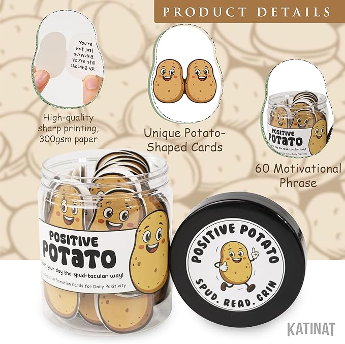 Positive Potato Jar, 60 Emotional Supports Potato Affirmation Cards, Farewell Gift for Coworkers, Encouragement Gift for Women, Teens, Friends, Home, Kitchen, Office Desk Decor