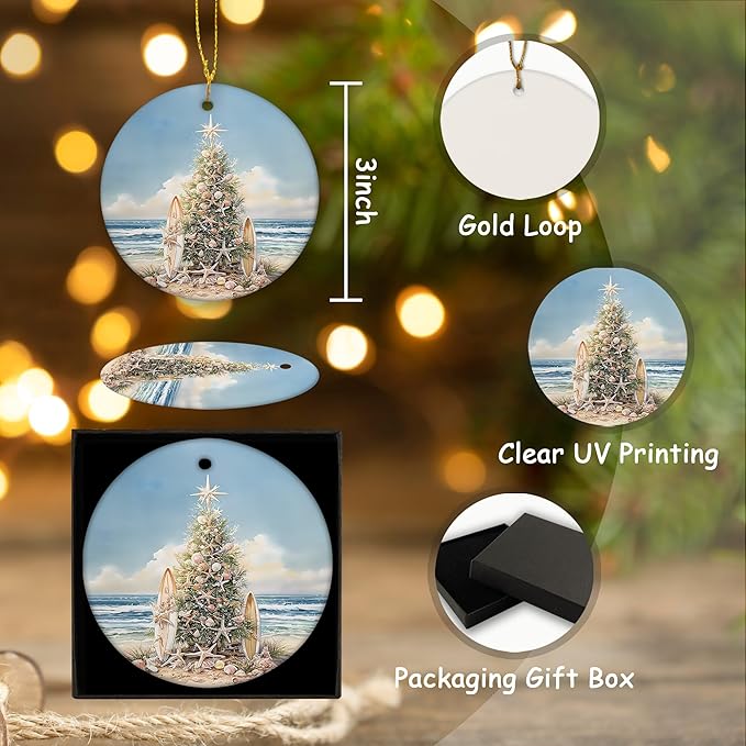 Coastal Beach Christmas Ceramic Ornament Gifts, Ocean Beachy Seashell Christmas Decorative Hanging Ornaments for Xmas Tree Holiday Party Decoration, Coastal Beach Xmas Tree Decorations