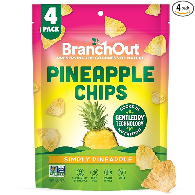 BranchOut Pineapple Chips, No Sugar Added, Real Dried Pineapple Chunks, GentleDry, Better than Freeze Dried Pineapple, Healthy Vegan Halloween Fruit Snacks for Kids & Adults, 1.5 oz (Pack of 4)
