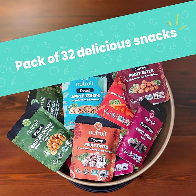 Nutruit Gourmet Healthy Snacks - 32 Pack MEGA Variety Box (12-14 Flavors) - Vegan, Gluten Free, Non-GMO Bulk Snacks - Kosher, High Protein, High Fiber, Plant-Based Healthy Snack - 1.2oz Packs