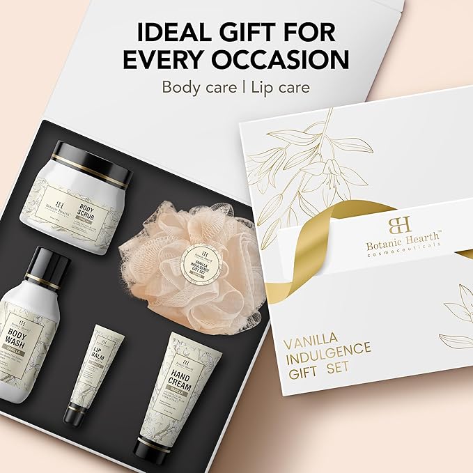 Gift Set For Women & Men | Vanilla Body Scrub, Body Wash, Hand Cream, Lip Balm, Loofah | 5 Piece Set | Birthday, Wife, Girlfriend, Sister | 10.2 Fl Oz