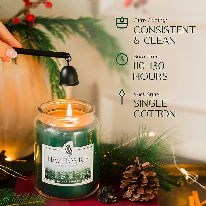 Havenwick Balsam & Amber Soy Blend 22-oz Large Jar Candle, Long Lasting 110-130 Hour Burn Time with Single Cotton Wick, Perfect Holiday Pine Scented Candles for New Home Gift & Christmas Gift