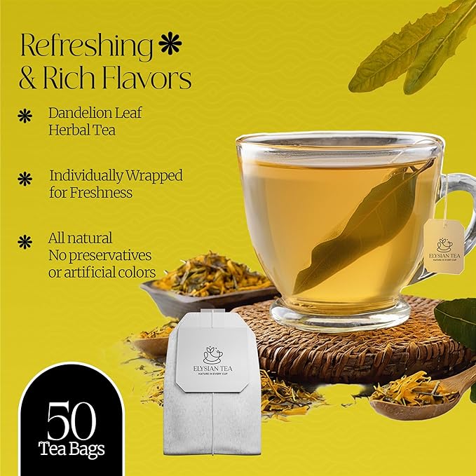 50 PACK Dandelion Tea Bags – Individual Wrapped Tea Bags – All Natural Herbal Tea | Caffeine Free | No Preservatives, No Sugar – Great For All Seasons