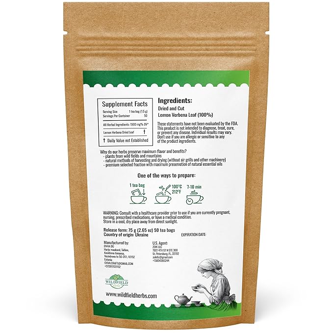 50 Bags Lemon Verbena Tea Dried Cut Leaves Herb Cedron (Aloysia Citrodora) - 50 Count 1.5g Lemon Beebrush Loose Leaf Herbal Tea Bags Te De Verbena De Limon