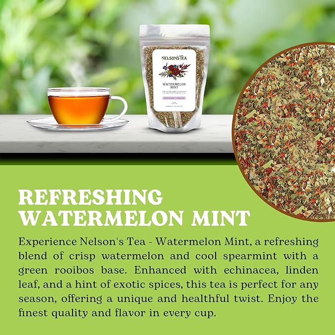 Nelson's Tea Watermelon Mint Tea Loose Leaf - Caffeine Free Green Rooibos Tea with Spearmint, Echinacea, Linden Leaf, Coriander, Safflower and Eucalyptus (16 oz)