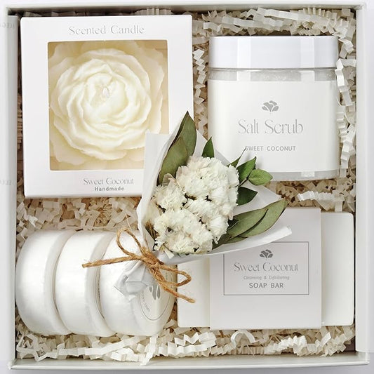 Sweet Coconut Small Spa Gift Set for Women – Relaxation Gift Basket with Candle, Soap, Salt Scrub & Shower Steamers – Unique Birthday, Bridal Shower, Thank You & Self Care Gifts