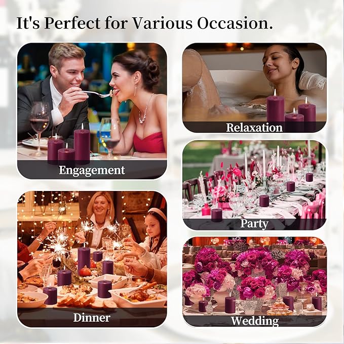 KONNI Purple Pillar Candles Set of 3, 3"x 3" Unscented Pillar Candles Bulk, 30 Hours Long Burning Candles, Smokeless&Dripless Large Round Candle for Wedding, Home Decoration, Parties, Spas, Dinner