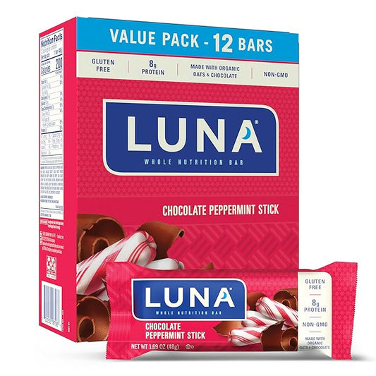 LUNA Bar - Chocolate Peppermint Stick Flavor - Snack Bars - Non-GMO - Gluten-Free Protein Bars - Made with Organic Oats (12 Pack)