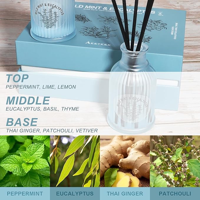 Wild Mint & Eucalyptus Reed Diffuser Set, 2-Pack Aroma Essential Oils, Basil and Ginger Scented Oil Home Fragrance with 10pcs Sticks, Aromatherapy Air Freshener for Room Shelf Bathroom Decor