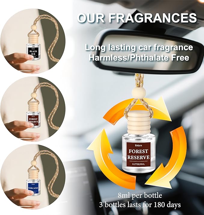 Hanging Car Air Freshener (Pack of 3) : Luxury Car Perfume for Women Men | Cute & Reusable Bottle with 45+ Days Long-Lasting Fragrance Oil Diffuser, Black ice & Forest Reserve & Volcano