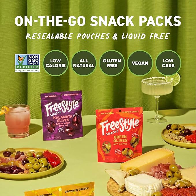 Freestyle Snacks Olive Snack Packs - Fresh Pitted Green Olives, 3 Flavors, Jumbo-Sized, Grown in Greece, Salty Snack, All Natural, Non-GMO, Paleo, Sugar-Free, Keto Snacks - Variety Pack, 4oz (3 Pack)