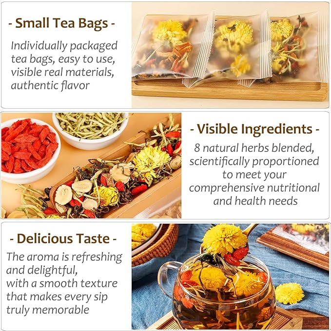 Dandelion Wolfberry Tea, 12 Pcs Natural Kidney & Liver Detox Tea, 8 Chinese Herbal Ingredients Blend, Dandelion Wolfberry Organic, Cassia seed, Chrysanthemum, Honeysuckle (144g,12gx12 packs)