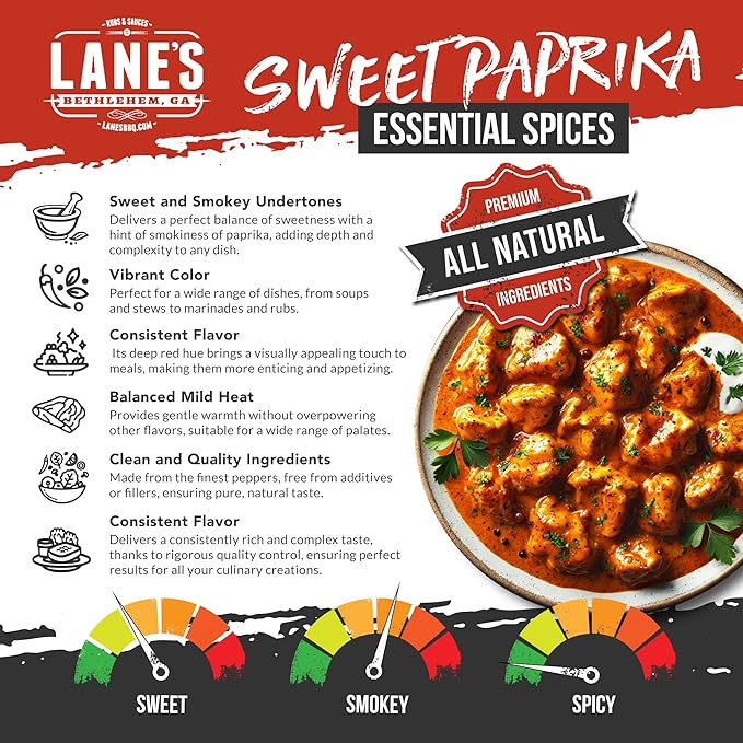 Lane's Sweet Paprika Powder, 9 oz - Premium Sweet Paprika Seasoning, Gluten-Free, All-Natural, No Preservatives, No MSG, Versatile Spice for Meats, Vegetables, and Flavorful Dishes, Made in the USA