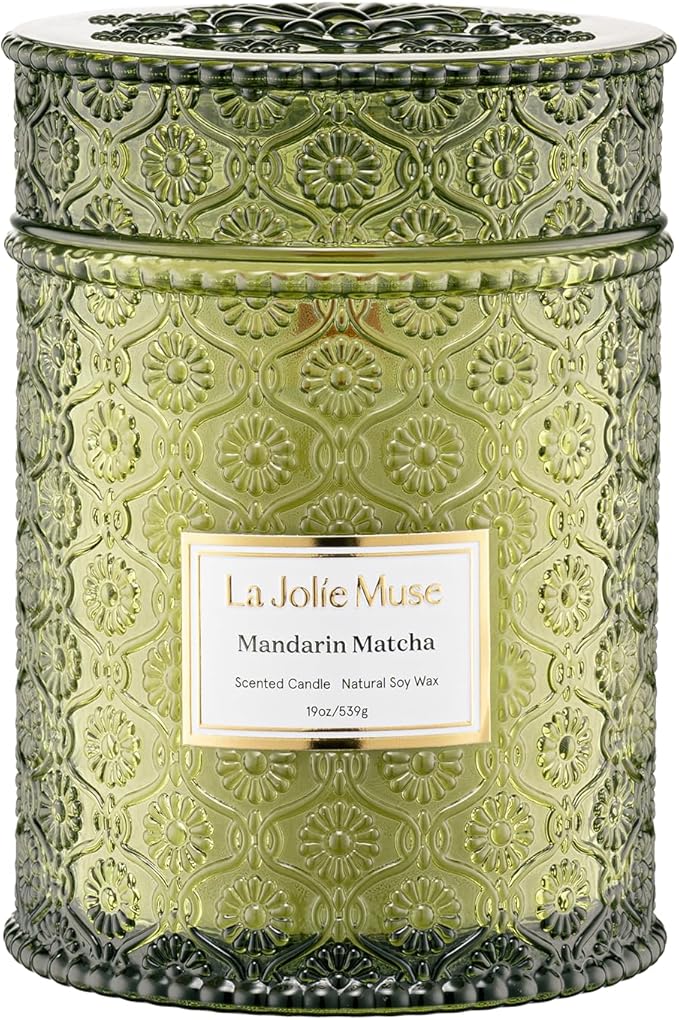 LA JOLIE MUSE Mandarin Matcha Candle - Bergamot, Matcha, Cedarwood | 19 oz Large Wooden Wick Candles | Natural Soy Wax | 90 Hours Clean Burn | Fresh Citrus Candle | Gift-Ready for Hosts