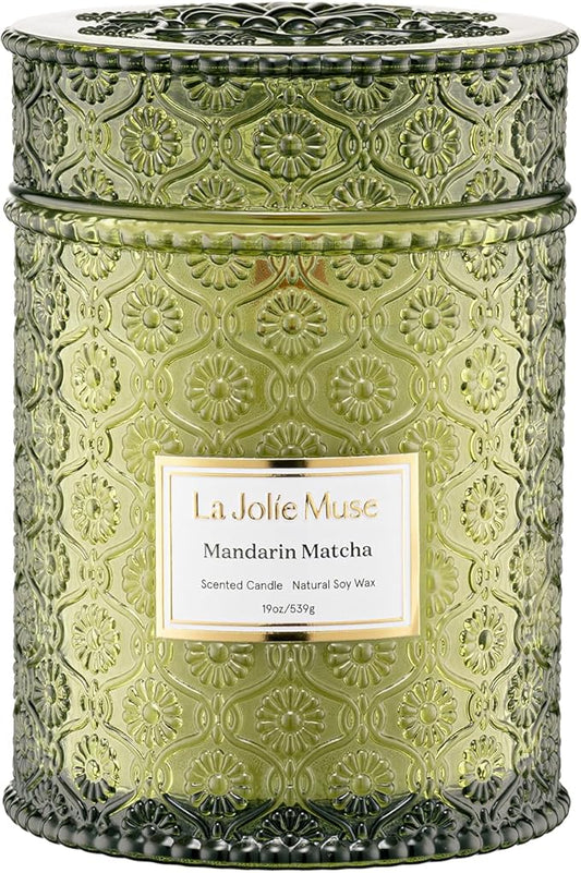 LA JOLIE MUSE Mandarin Matcha Candle - Bergamot, Matcha, Cedarwood | 19 oz Large Wooden Wick Candles | Natural Soy Wax | 90 Hours Clean Burn | Fresh Citrus Candle | Gift-Ready for Hosts