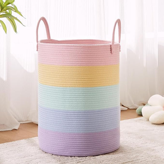 15Dx20H inches Baby Girls Kids Hamper Rainbow Laundry Basket for Nursery Clothes Pastel Unicorn Woven Hamper in Playroom Bedroom 60L Large Tall Blanket Basket for Toy Storage