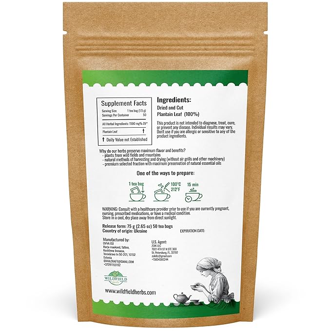 50 Bags Broadleaf Plantain Leaf Herb Tea (Plantago Majoris Folia) Plantain Leaves Tea - 50 Count 1.5 g Bags Llanten